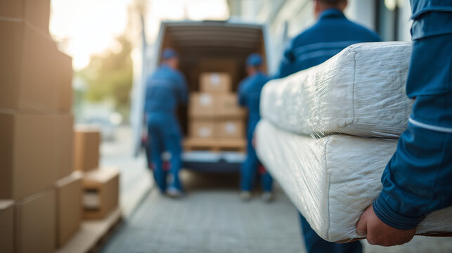 Professional movers carrying a wrapped mattress to a delivery van. Home relocation, furniture transportation and moving service concept.