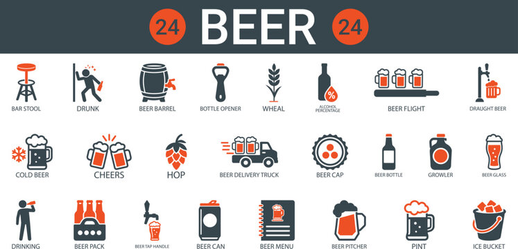 Beer icon set. Containing pint, beer bottle, drinking, hop, brewery, beer can, craft beer, pub and more. Vector solid icons collection.