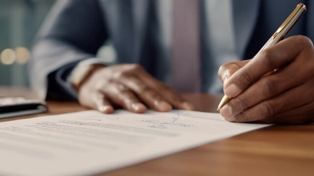 Medium shot of a lawyer carefully reviewing and drafting a grant agreement document in a modern office setting focused on legal details and client terms.