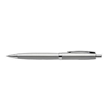 Silver metallic ballpoint pen with chrome accents, office stationery item isolated PNG with Transparent Background