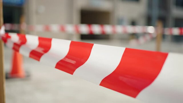 Red and white striped barrier tape in a restricted building area