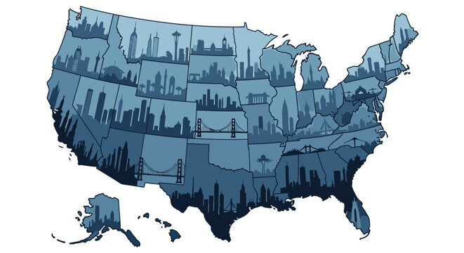Stylized Blue USA Map Illustration Featuring Skyline Silhouettes and Iconic Landmarks for Travel, Business, and Education Projects