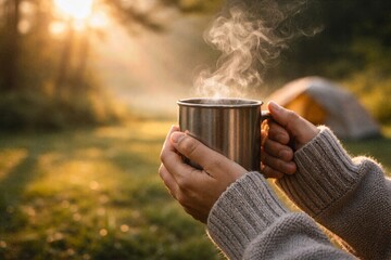 Hands Holding Warm Mug In Nature Morning