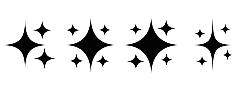 sparkle star icon set, simple star burst symbol with transparent PNG and vector illustration, shimmering four pointed star icons, sparkle elements, glowing decoration symbols, minimal design for moder