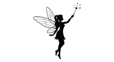 A delicate black fairy with ornate wings raises a sparkling wand creating a magical atmosphere a striking silhouette © Jahid