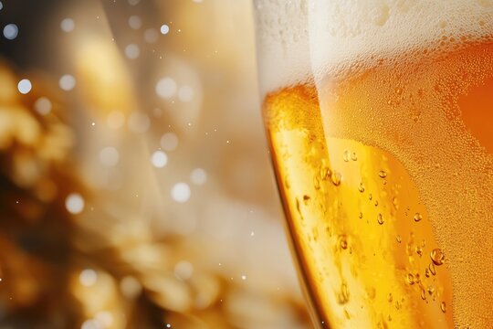 Refreshing glass of golden beer with foam and hops on a light background