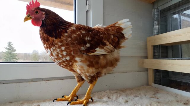 Close-up of an indoor hen Curious chicken on a windowsill