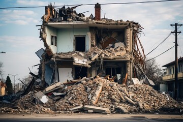 Wrecking ball demolishing house, creating pile of rubble and debris in urban neighborhood