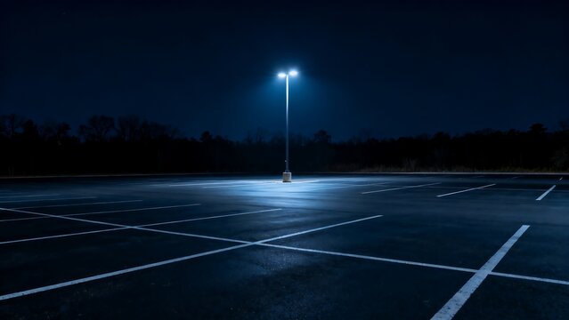 The parking lot was empty, quiet, and eerie at night.