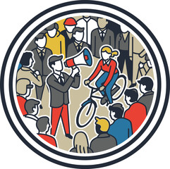 A man with a megaphone addresses a crowd gathered around a woman on a bicycle.