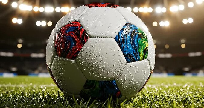 Soccer ball on wet grass field with stadium lights, for sports or football design, overlay or background