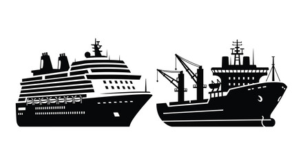 A striking black and white depiction of a cruise ship and cargo vessel sailing on calm waters silhouette © Jahid