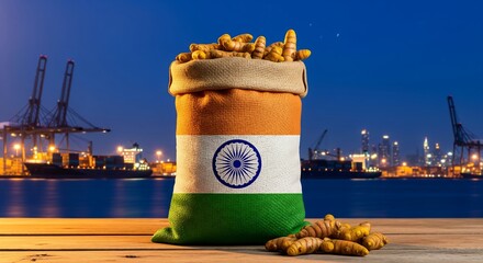 Turmeric roots in burlap sack with Indian flag at shipping port