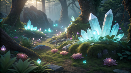 Enchanted Forest Path with Glowing Crystals, Magical Ecosystem, Mystical Nature Scene