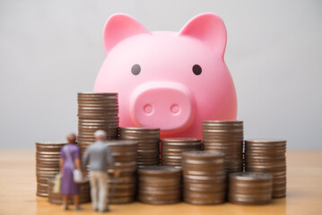 Senior couple looking at piggy bank heap coins. IRA individual retirement account, money financial risk management, pension, savings planning, deposit account for elder or retirees and so on concept.