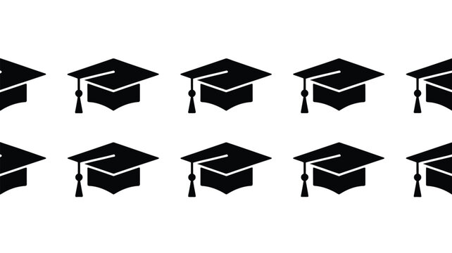 A pattern of black graduation caps arranged on a white background