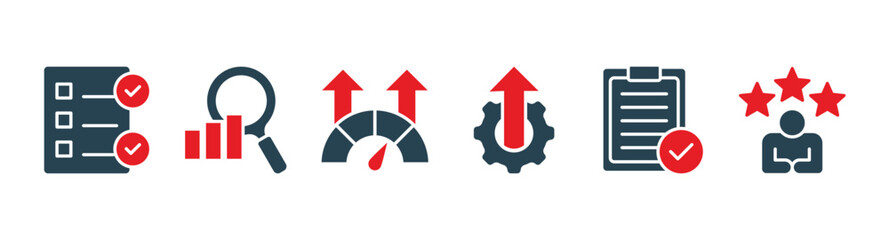 Evaluation banner web icon vector illustration for assessment system of business and organization standards with analysis, performance, plan, improvement, results, and feedback icon