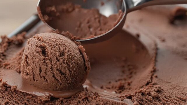 Delicious creamy chocolate ice cream scoop in metal spoon close up dessert treat
