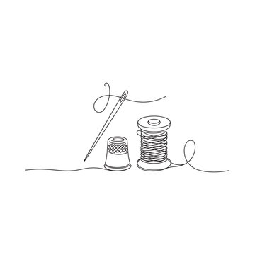 A delicate line drawing depicts sewing tools a needle thread thimble and spool