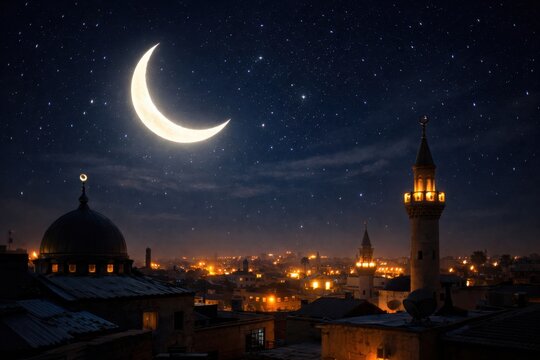A serene night view features a crescent moon over a historic skyline, illuminated by city lights against a starry sky.