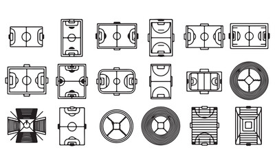 Sports Field Vector Collection &ndash; Football, Basketball, Tennis, and Multi-Sport Arena Layouts in Outline Design