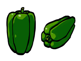ピーマンのイラスト （筆タッチ・夏野菜・緑色） シンプル / Hand-drawn Green Pepper Illustration &ndash; Brush Style Vegetable