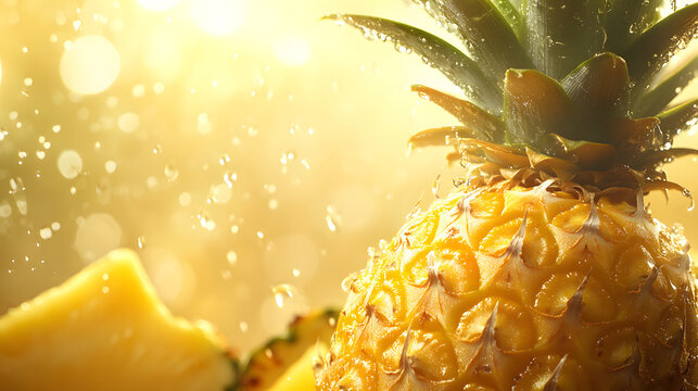 Fresh juicy pineapple with water splashes and droplets under golden sunlight. Tropical fruit close-up with bright bokeh background.
