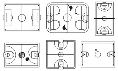 Sports Field Vector Collection &ndash; Football, Basketball, Tennis, and Multi-Sport Arena Layouts in Outline Design