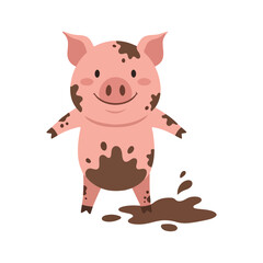 Fototapeta premium A happy mud-covered pig cartoon vector illustration