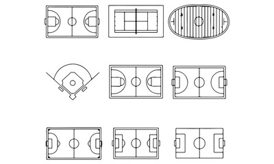 Sports Field Vector Collection &ndash; Football, Basketball, Tennis, and Multi-Sport Arena Layouts in Outline Design