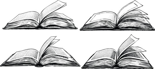 Four open books displayed in a grid layout, showcasing their pages and spines. Vector