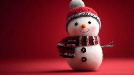 Fototapeta premium Cute Snowman Wearing a Red Hat and Scarf on a Red Background.