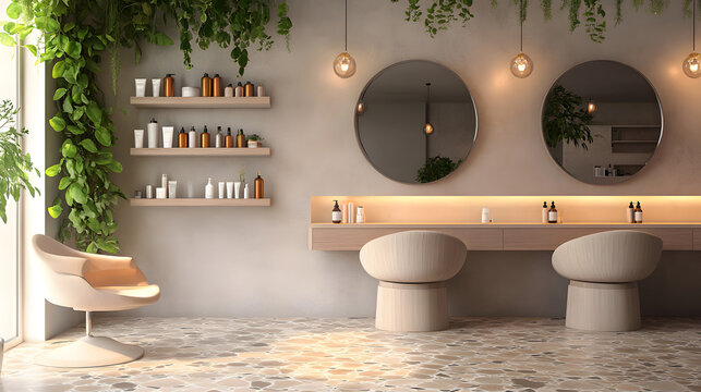 Interior of a modern minimalist beauty salon with round mirrors and beige chairs. Elegant spa design featuring natural wood elements, green plants, and terrazzo flooring.

