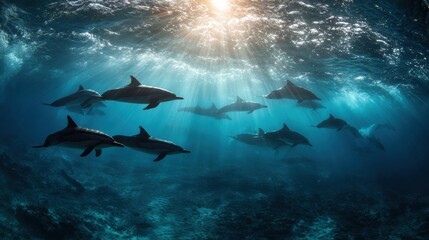 Obraz premium Dolphins Swim Through Beams of Light in Clear Ocean Water, Showcasing Underwater Life and the Importance of Ocean Conservation