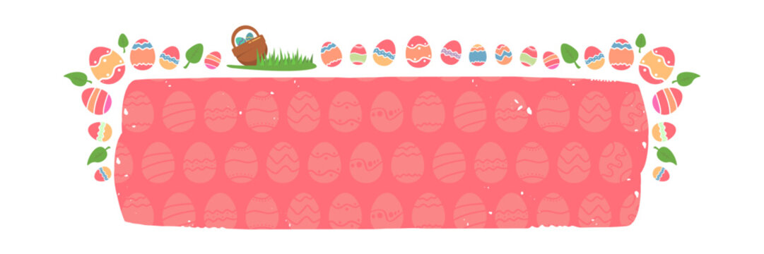 Cute Easter frame banner with pink egg pattern and spring elements isolated on white background, decorative horizontal border with eggs and basket for invitations. Easter horizontal banner