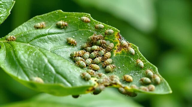 Basil leaf infested with aphids, a common garden pest, close-up view.