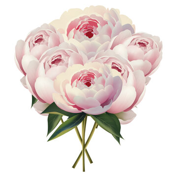 Peony bouquet flat vector illustration. Pink and white gradient flowers and buds with leaves, isolated on white for social media and packaging