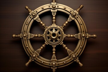 Obraz premium Brass ship steering wheel evoking leadership, navigation, and travel on a wooden background