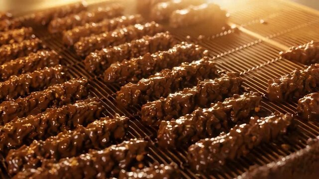 Chocolate covered rice crispy treats on a baking sheet