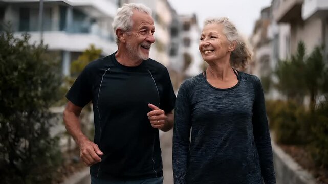 Cardio sports exercise, healthy lifestyle. An older man and woman jogging in the city, both wearing black clothing. The background is slightly blurred, revealing buildings, trees, and a clear sky.