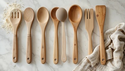 Elegant Flat Lay of Handcrafted Wooden Spoons, Forks, and Kitchen Utensils on White Marble; Culinary Cooking Concept with Natural Wood Textures, Gourmet Style, and Minimalist Home Decor Aesthetic
