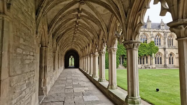Beautiful architectural corridor with arches and a grassy courtyard view.
