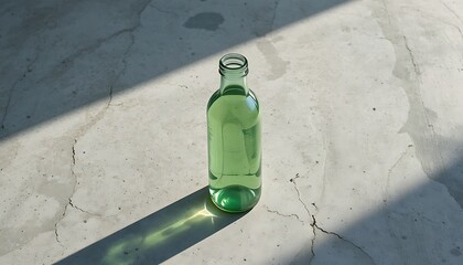 Minimalist Green Glass Water Bottle on Cracked Concrete Ground with Sunlight and Shadow; Concept of Refreshment, Hydration, Sustainability, Eco-Friendly Reuse, and Modern Urban Aesthetic