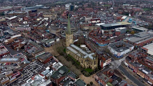 Aerial view of Wakefield Cathedral in Yorkshire, UK and City Centre. Orbit
