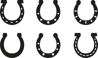 Horseshoe Silhouette Icon Set - Luck and Equestrian Symbols with Different Designs for Western Ranch Logo and Horse Shoe Gaming Vector