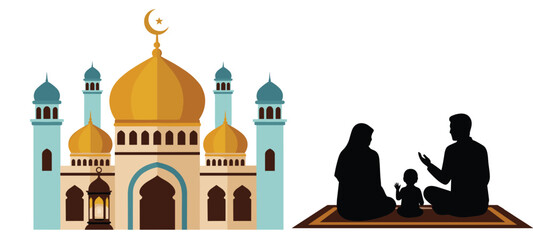 A family praying in front of a mosque with golden domes and blue minarets © MSTAFRUZA