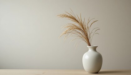 Minimalist Home Decor with Dried Pampas Grass in a Round Ceramic Vase on White Surface; Modern Aesthetic Interior Design, Nordic Style, Neutral Tones, and Bohemian Living Room Decoration