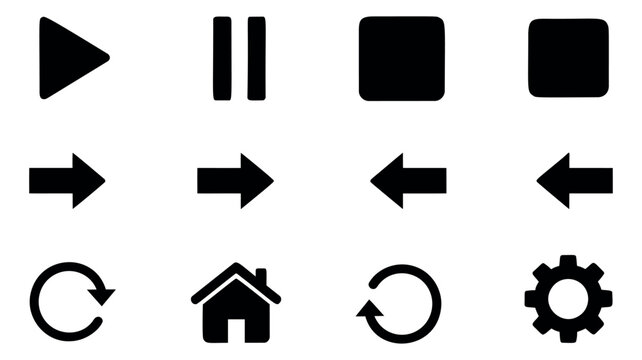 Modern flat UI and media player icon set featuring play, pause, stop, arrow, home, refresh and settings symbols for web and app design