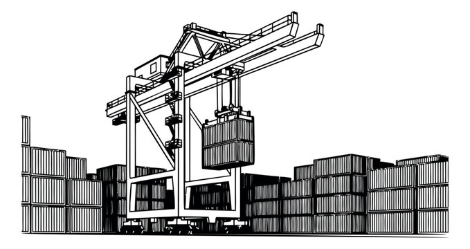 Line art illustration of a port container yard depicting a gantry crane moving shipping containers for global logistics