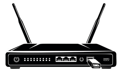 Fototapeta premium Line art illustration of a wireless router depicting internet connectivity with a USB flash drive for home networking